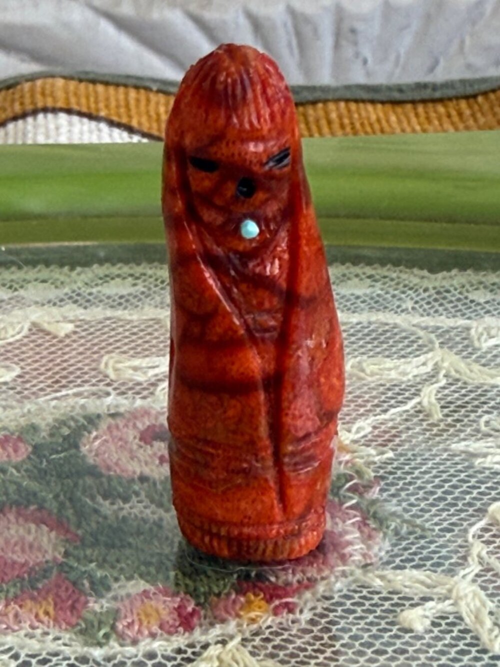 Vintage 60's Carved Red Apple Coral Zuni Fetish Double Sided Corn Maiden